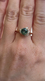 2.0ct Untreated Roval Teal Green Sapphire and Diamond Asymmetrical Cluster Ring in 14k Yellow Gold