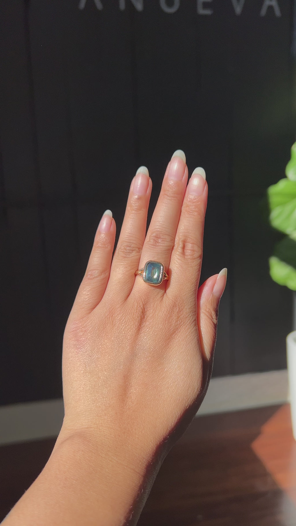 4.09ct Elongated Cushion Cut Teal Sapphire Low Profile Split Shank Bezel Ring in 14k Yellow Gold- Appraised Stone
