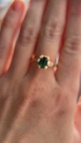 2.11ct Emerald Cut Teal Green Madagascar Sapphire and Diamond Vintage Cathedral Double Prong Ring in 14k Yellow Gold