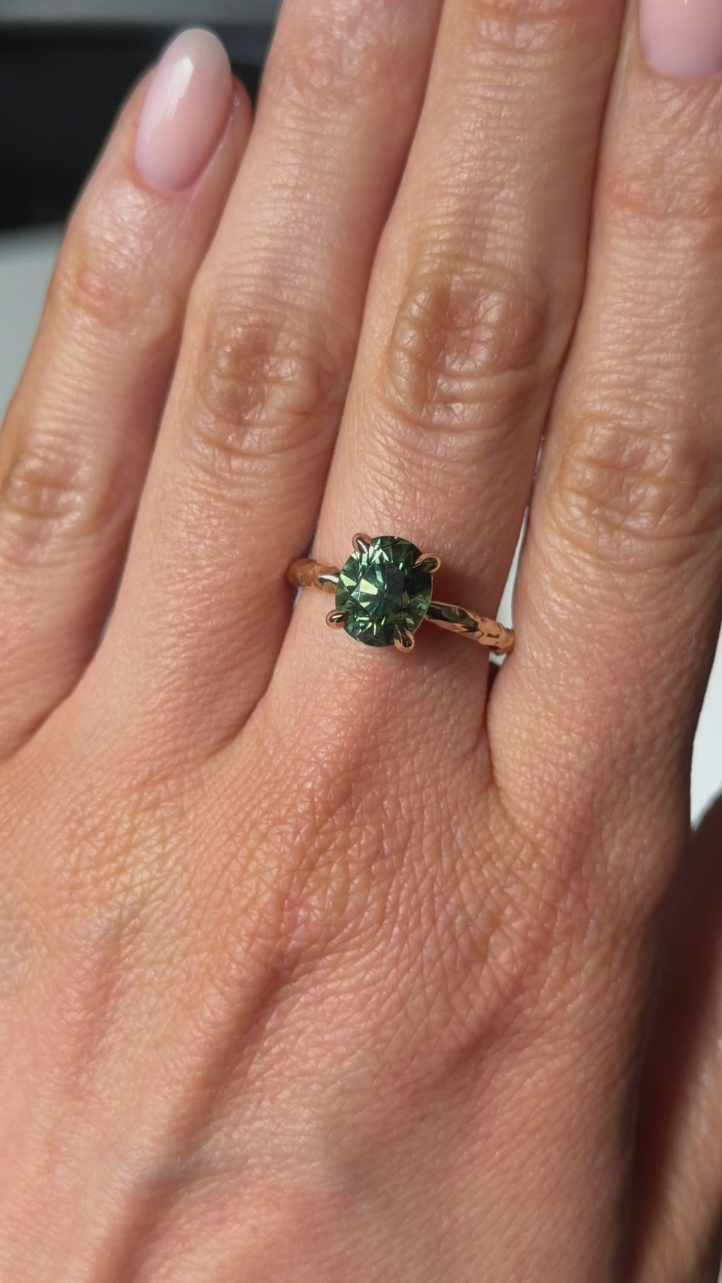 3.13ct Untreated Parti Green Oval Madagascar Sapphire Evergreen 4 Prong Carved Stackable Solitaire in 14k Yellow Gold