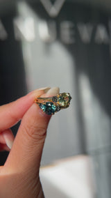 1.50ct Round Parti Yellow Blue Precision Cut Montana Sapphire and Trillion Sapphire Low Profile Three Stone Ring in 18k Yellow Gold