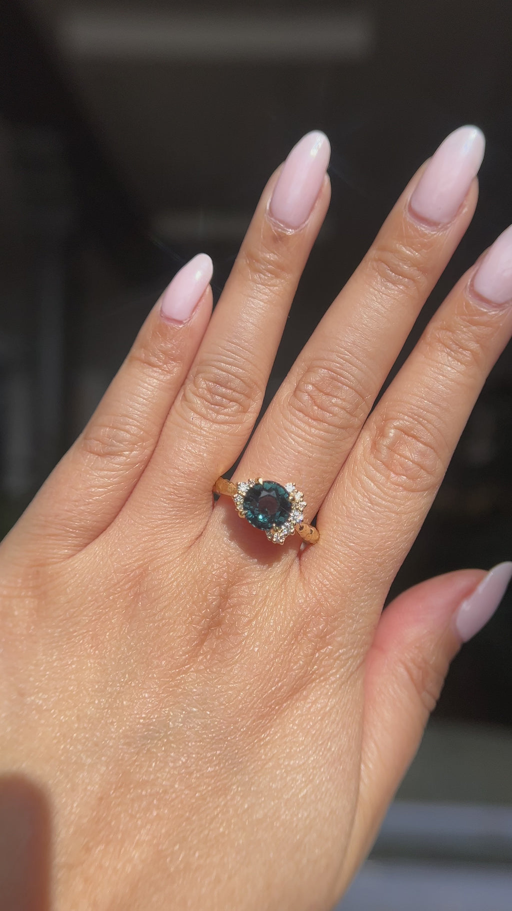 3.05ct Round Deep Blue Green Madagascar Sapphire and Diamond Evergreen Asymmetrical Cluster Ring in 8k Yellow Gold