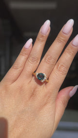 3.05ct Round Deep Blue Green Madagascar Sapphire and Diamond Evergreen Asymmetrical Cluster Ring in 8k Yellow Gold
