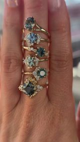 3.10ct Cushion Cut Untreated Umba Teal Green Sapphire Scalloped Diamond Cluster Ring in 14k Yellow Gold