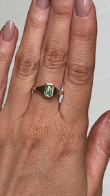 0.71ct Australian Emerald Cut Parti Sapphire Low Profile 4 Prong Signet Solitaire in 14k Yellow Gold