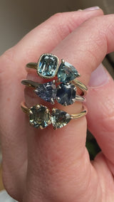 Low Profile Cushion and Trillion Sapphire Toi Et Moi Rings in 14k Green, Yellow and White Gold