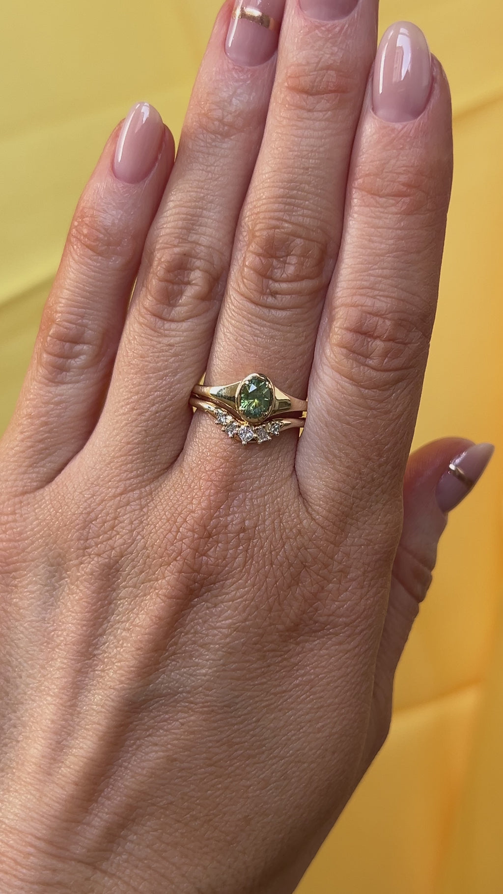 0.71ct Oval Green Precision Cut Montana Sapphire Low Profile 4 Prong Signet Solitaire in 14k Yellow Gold