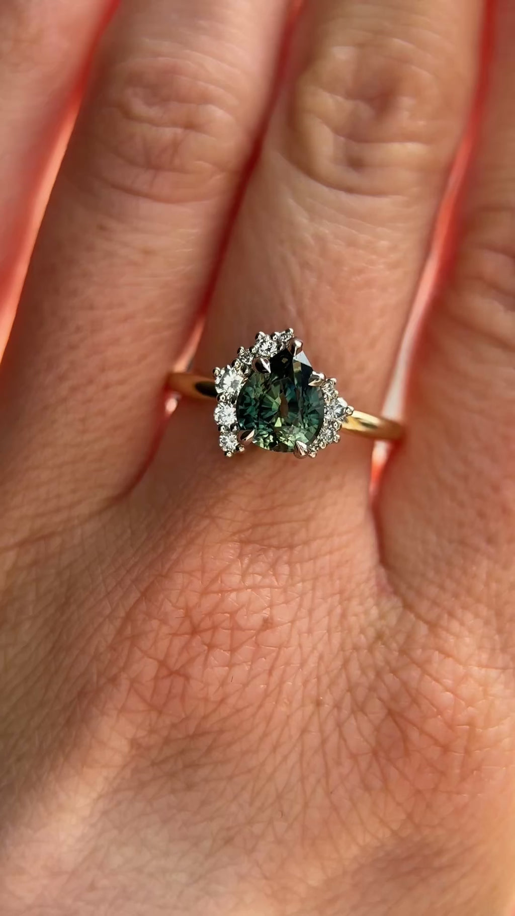 1.79ct Pear Deep Teal Green-Blue Sapphire and Diamond Asymmetrical Cluster Ring in Two Tone 14k Yellow and 14k White Gold