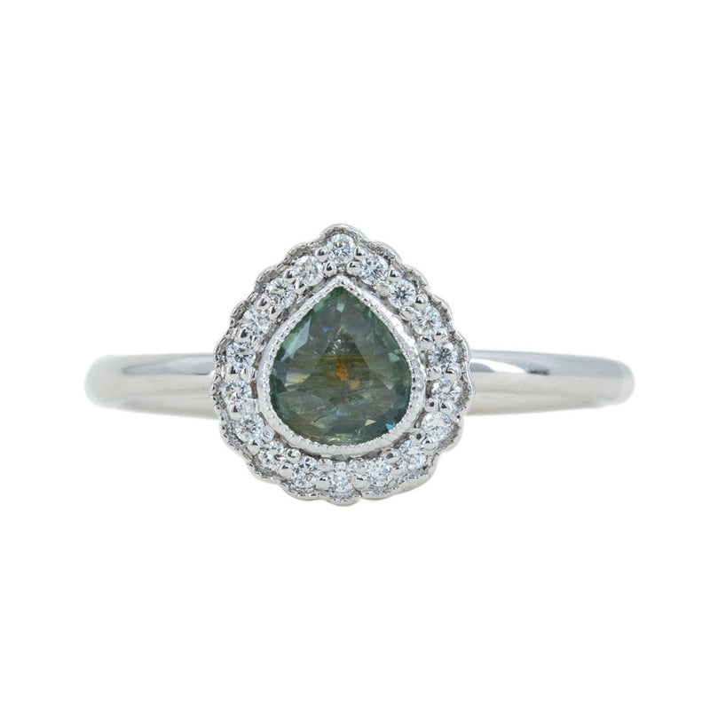 0.53ct Pear Sapphire and Scalloped Antique Style Diamond Halo Ring in 14k White Gold