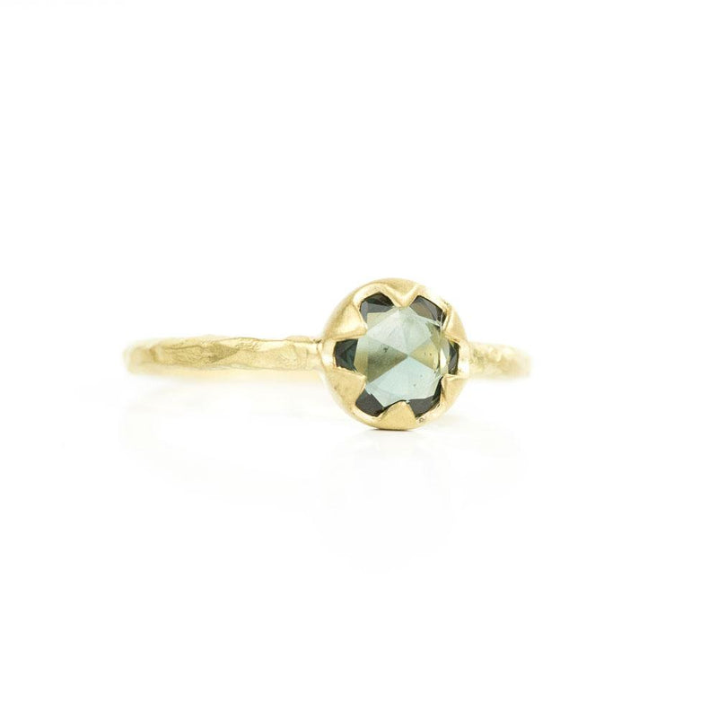 0.74ct Rosecut Teal Green Sapphire in 6 Prong 18k Yellow Gold Low Profile Evergreen Setting