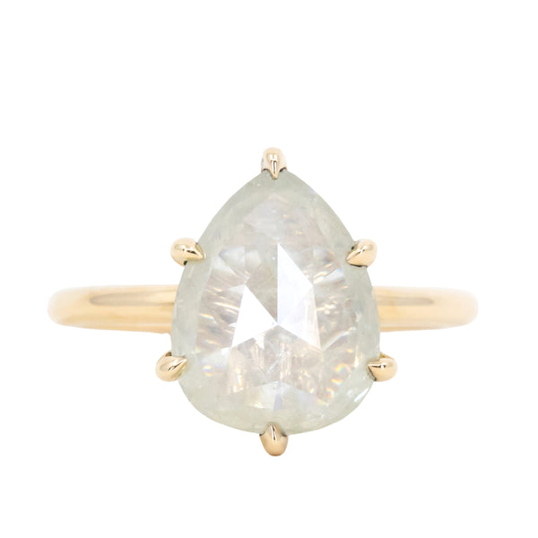 3.48ct Pear Shaped Rosecut Creamy White Diamond in Recycled 18k Yellow Gold Lotus Six Prong Solitaire