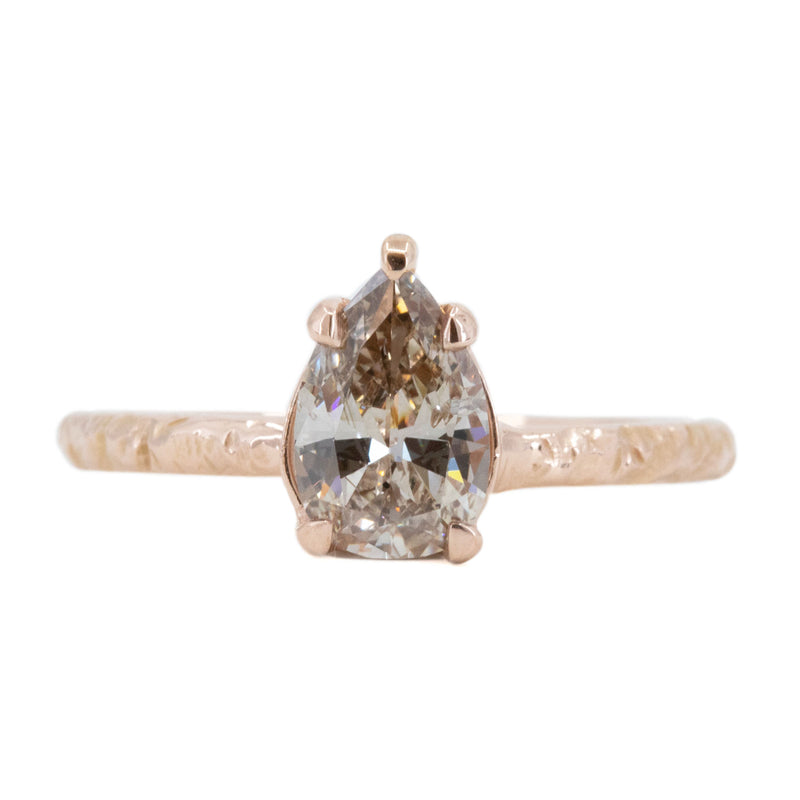 1.00ct Champagne Pear Diamond in Low Profile Rose Gold Evergreen Setting by Anueva Jewelry
