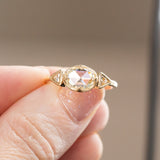 1.01ct Rosecut Three Stone Ring with Trillion Side Diamonds Compass Set Low Profile Milgrain Antique Ring in 18K Yellow Gold
