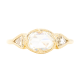 1.01ct Rosecut Three Stone Ring with Trillion Side Diamonds Compass Set Low Profile Milgrain Antique Ring in 18K Yellow Gold