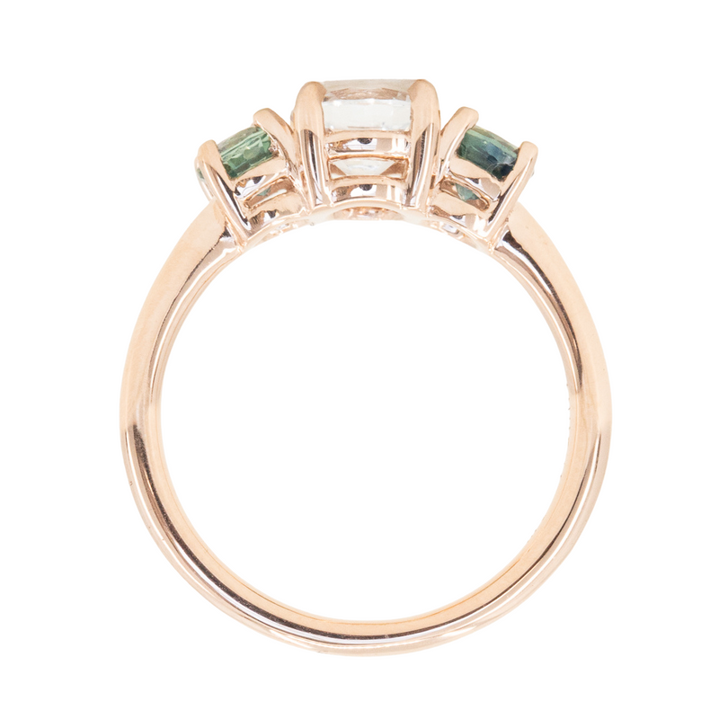 1.02ct White Sapphire and Green Sapphire Three Stone Ring in 14k Rose Gold
