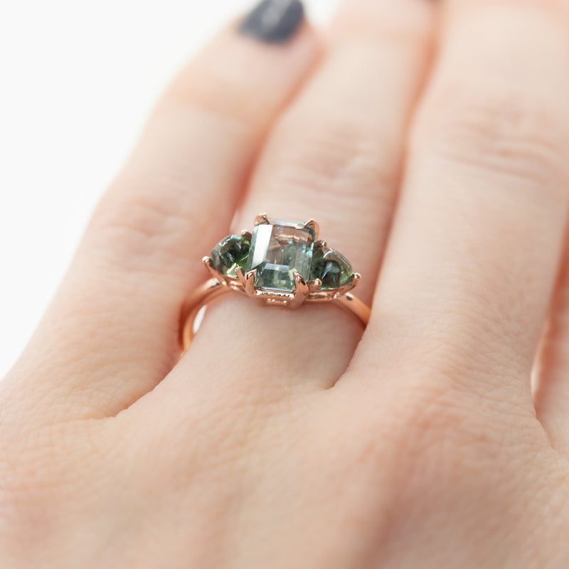 1.07ct Grey Sapphire and Green Tourmaline Three Stone Ring in 14k Rose Gold