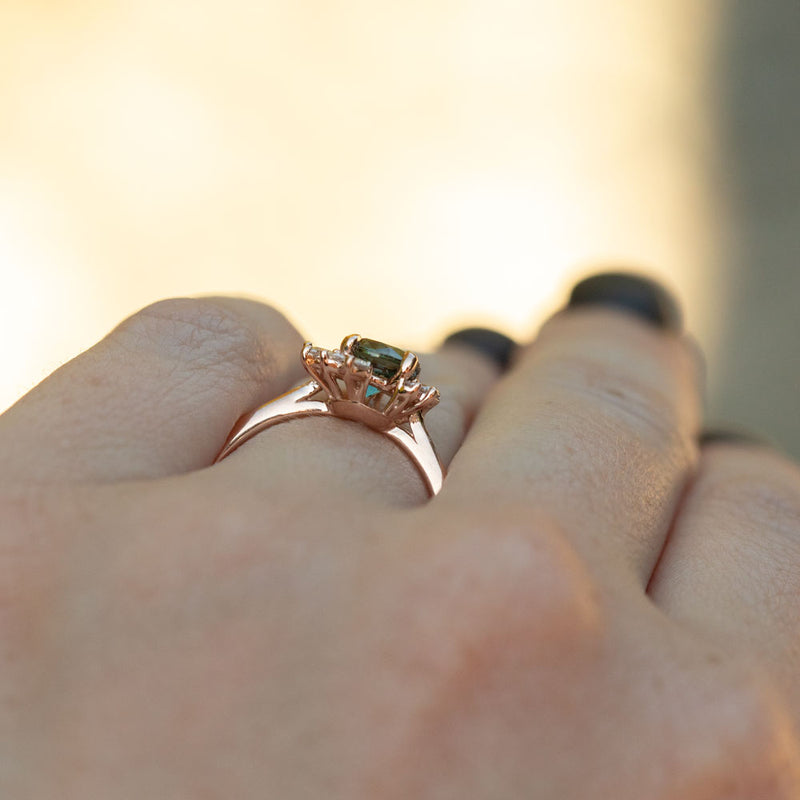 1.09ct Color Shifting Songea Sapphire Asymmetrical Diamond Cluster Ring in 14k Rose Gold