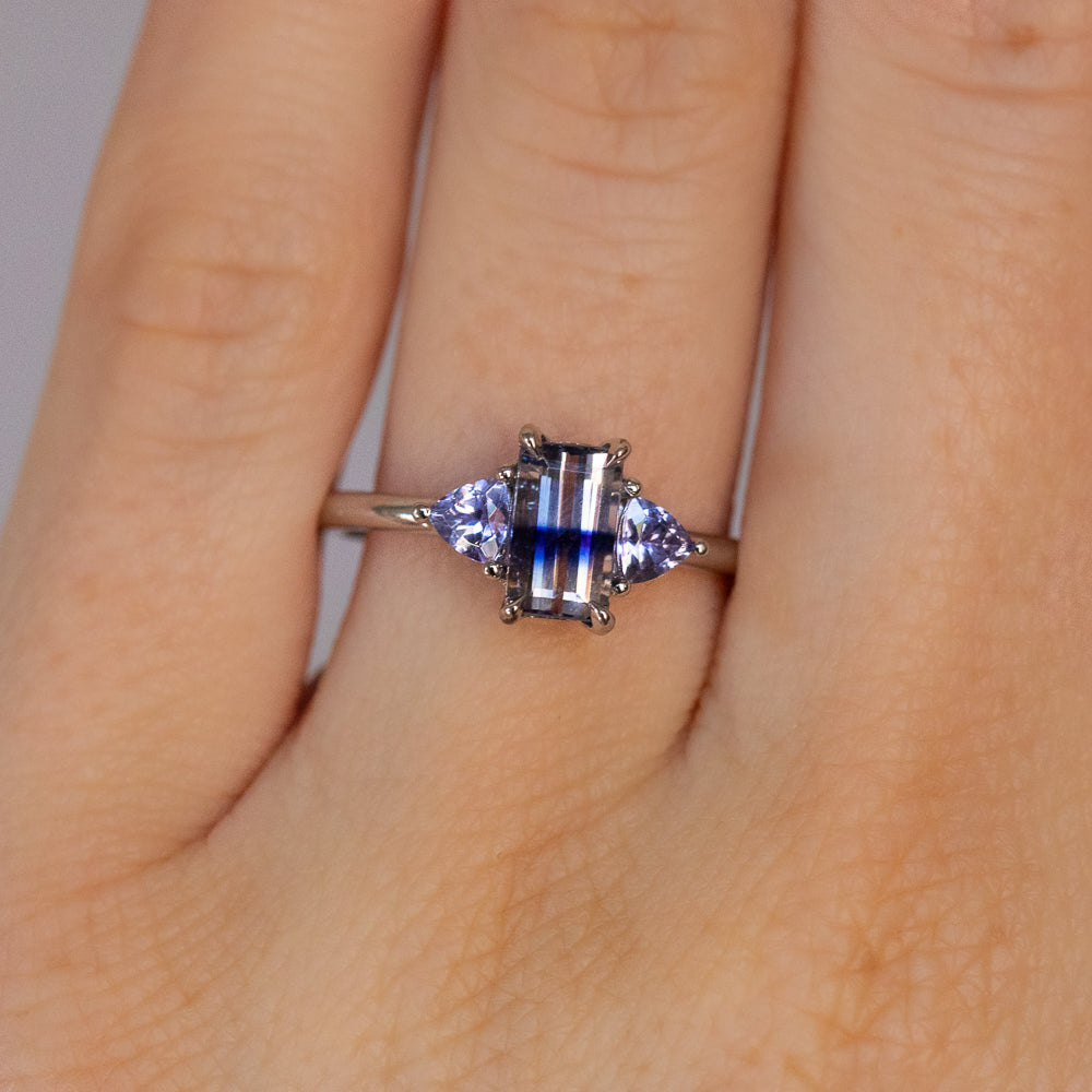 Bicolor Emerald Cut Sapphire Three Stone Ring with