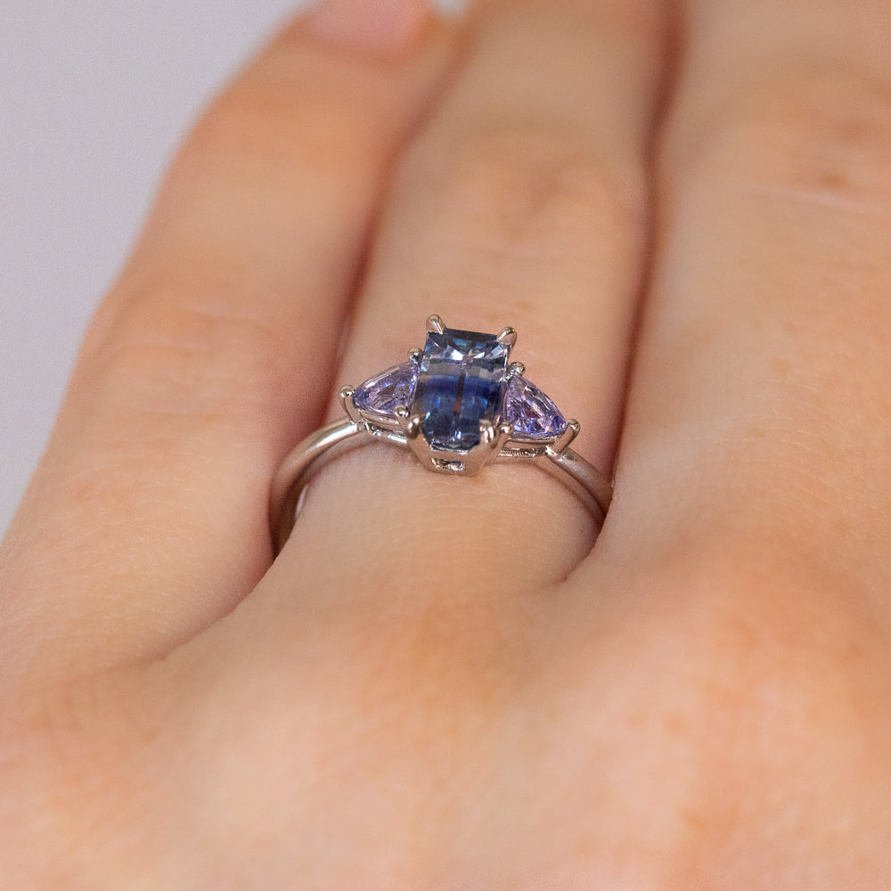 1.11ct Bicolor Emerald Cut Sapphire Three Stone Ring with
