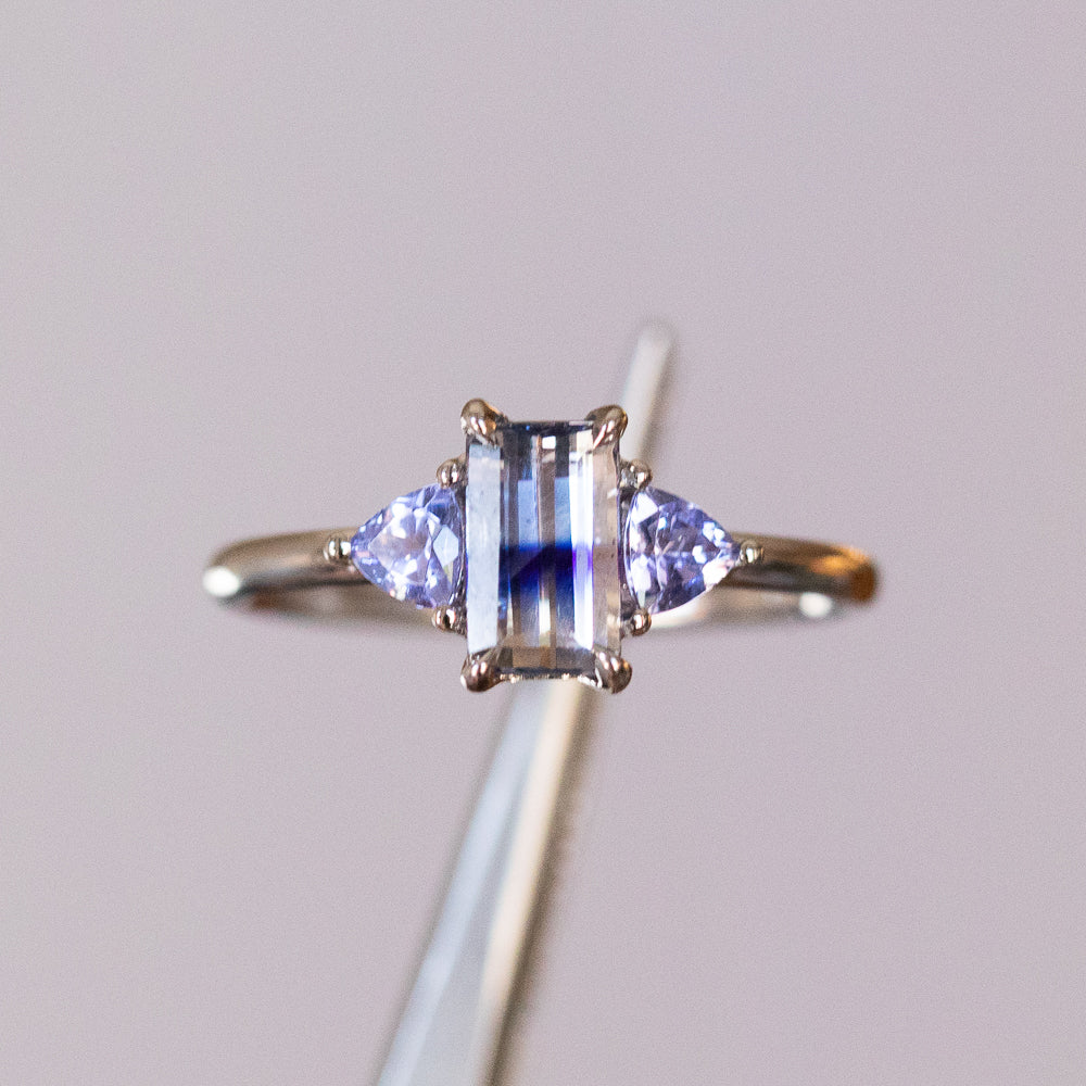 1.11ct Bicolor Emerald Cut Sapphire Three Stone Ring with