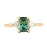 1.16ct Teal Green Radiant Cut Montana Sapphire and Trillion Diamond Low Profile Three Stone ring in 14k Yellow Gold