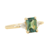 1.16ct Teal Green Radiant Cut Montana Sapphire and Trillion Diamond Low Profile Three Stone ring in 14k Yellow Gold