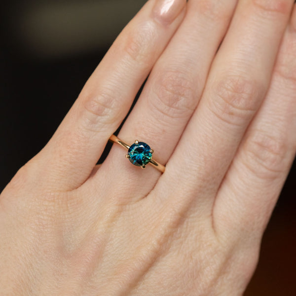 1.16ct Round Teal Blue Green Australian Sapphire Classic Four Prong Solitaire in 14k Yellow Gold