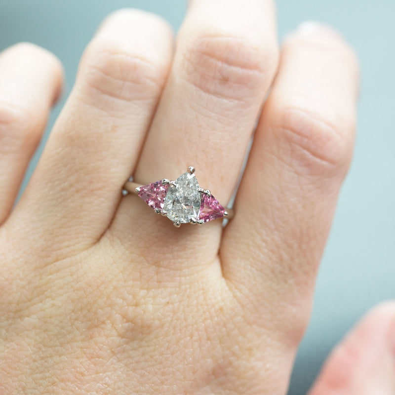1.20ct Pear Shaped Diamond and Pink Spinel Three Stone Ring in Recycled Platinum