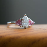 1.20ct Pear Shaped Diamond and Pink Spinel Three Stone Ring in Recycled Platinum