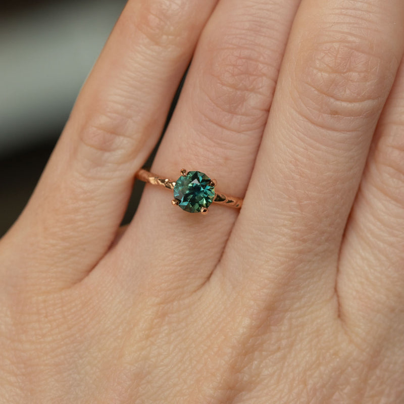 1.23ct Round Australian Teal Sapphire Evergreen Solitaire Ring in 14k Rose Gold