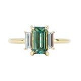 1.33ct Parti Green Emerald Cut Sapphire and Diamond Low Profile Three Stone Ring in 14k Yellow Gold