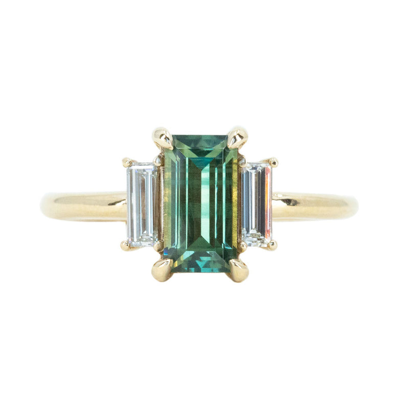 1.33ct Parti Green Emerald Cut Sapphire and Diamond Low Profile Three Stone Ring in 14k Yellow Gold