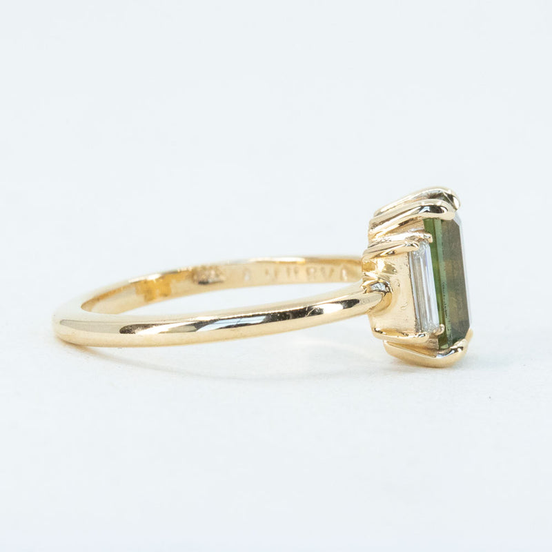 1.33ct Parti Green Emerald Cut Sapphire and Diamond Low Profile Three Stone Ring in 14k Yellow Gold side angle