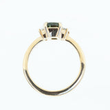 1.33ct Parti Green Emerald Cut Sapphire and Diamond Low Profile Three Stone Ring in 14k Yellow Gold profile