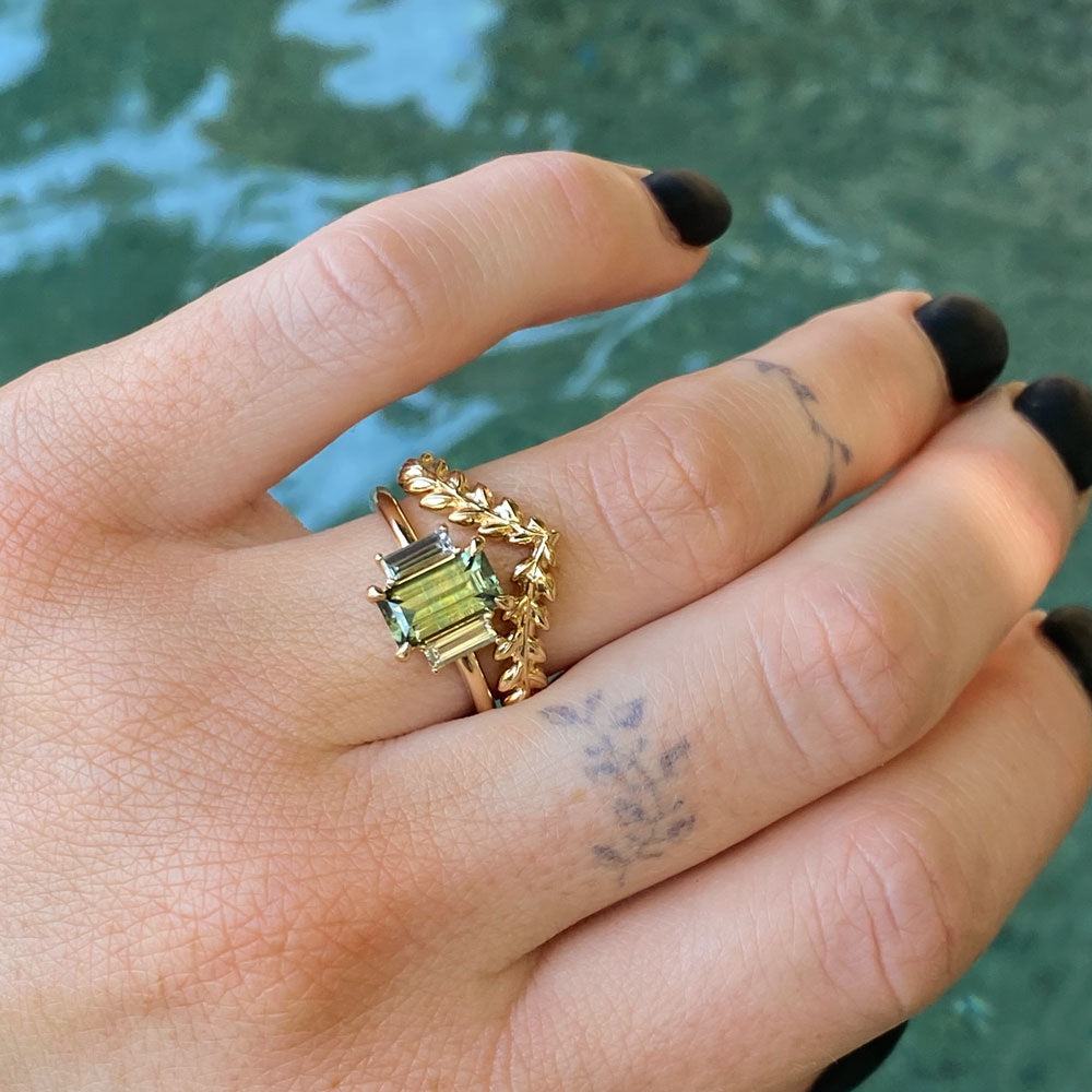 Parti Green Emerald Cut Sapphire and Diamond Low Profile