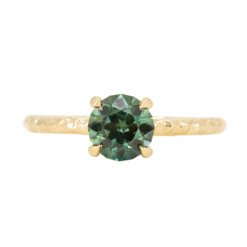 1.38ct Round Australian Teal Green Blue Sapphire Evergreen Solitaire Ring in 14k Yellow Gold