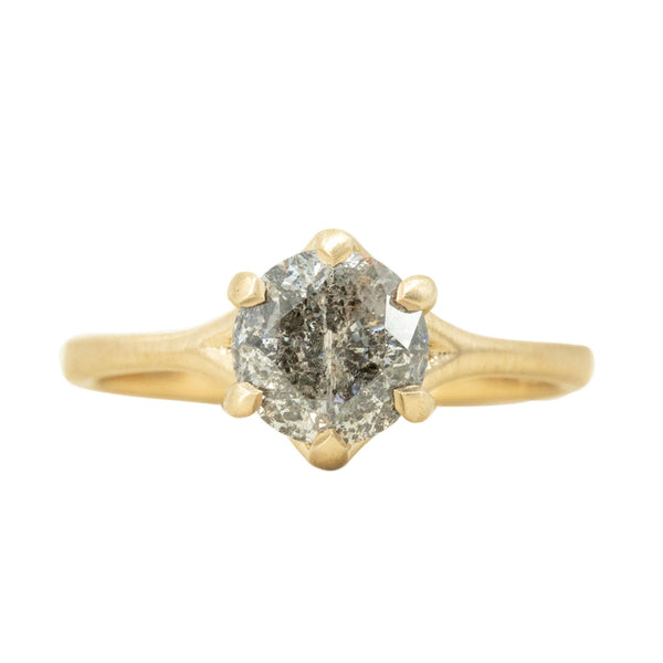1.47ct Salt and Pepper Diamond Six Prong Split Shank Satin Finished Ring In 14k Yellow Gold