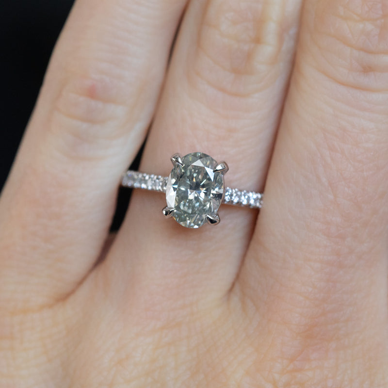 1.50ct Oval Grey Diamond and French Set Diamond Cathedral 4 Prong Solitaire in Platinum