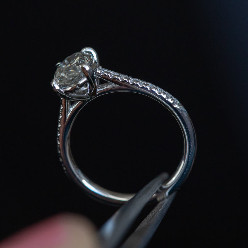 1.50ct Oval Grey Diamond and French Set Diamond Cathedral 4 Prong Solitaire in Platinum