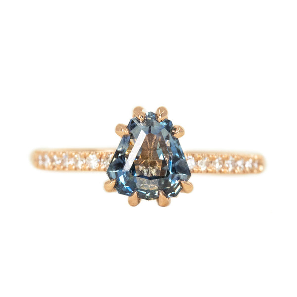 1.53ct Geometric Blue Sapphire Solitaire Ring with Diamonds in 14k Rose Gold
