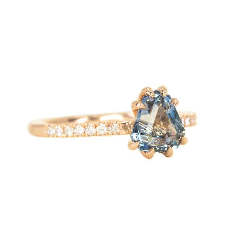 1.53ct Geometric Blue Sapphire Solitaire Ring with Diamonds in 14k Rose Gold side angle