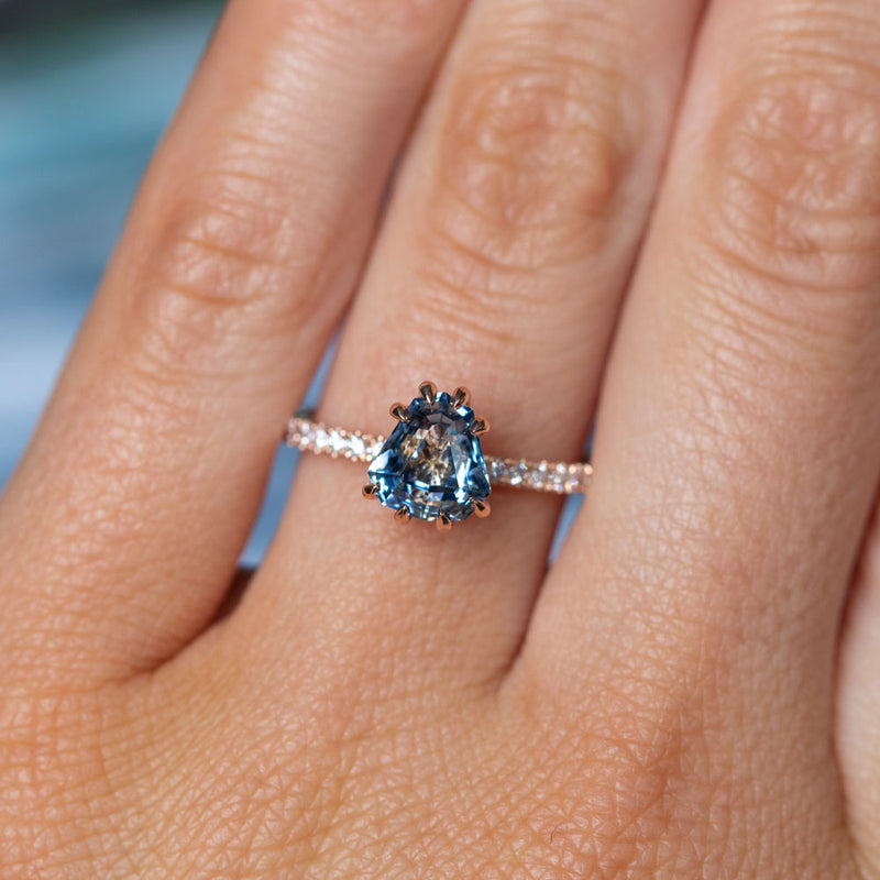 1.53ct Geometric Blue Sapphire Solitaire Ring with Diamonds in 14k Rose Gold on hand