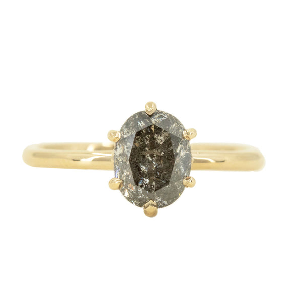 1.57ct Dark Oval Salt and Pepper Diamond in 14k Yellow gold Lotus Six Prong Solitaire