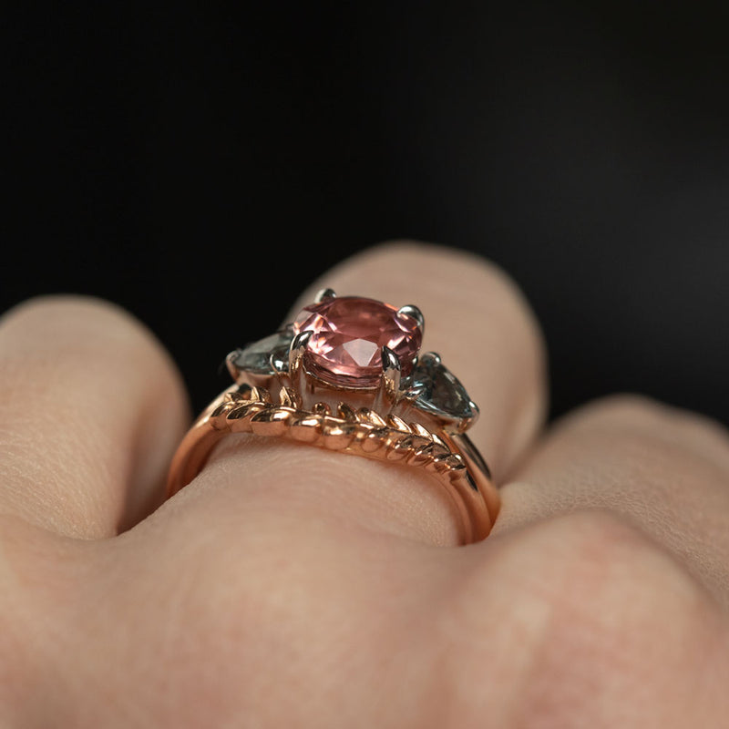  1.70ct Round Pink Tourmaline and Blue Grey Spinel Low Profile Three Stone Ring in 14k Rose and White Gold on hand