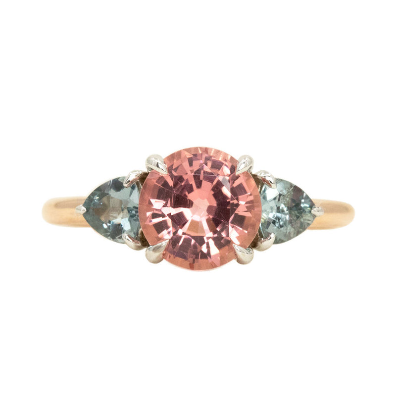 1.70ct Round Pink Tourmaline and Blue Grey Spinel Low Profile Three Stone Ring in 14k Rose and White Gold