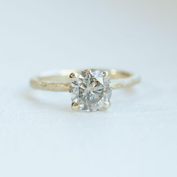 1.74ct Lightly Peppered Brilliant Light Champagne Diamond Solitaire in Evergreen Carved Recycled Yellow Gold