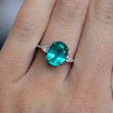 10x8mm Paraiba Teal Oval Garnet and Moissanite Three stone ring in 14k White gold