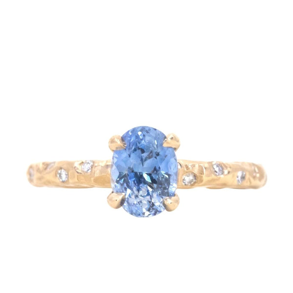 1.52ct Oval Blue Sapphire in 14k Yellow Gold Evergreen Solitaire with Scattered Embedded Diamonds