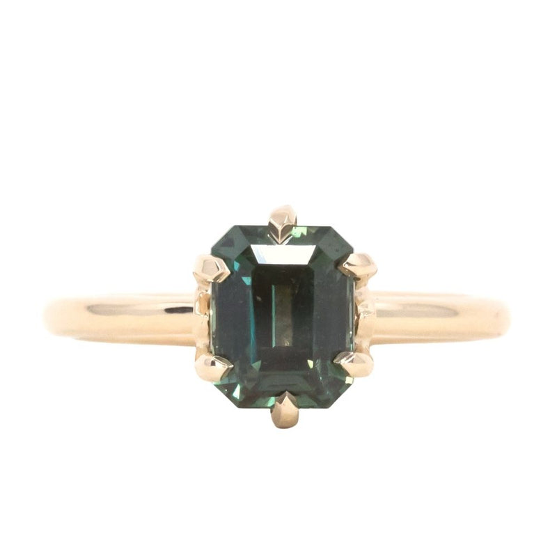 2.08ct Emerald cut Green Sapphire Lotus Six Prong Solitaire in 14k Yellow Gold