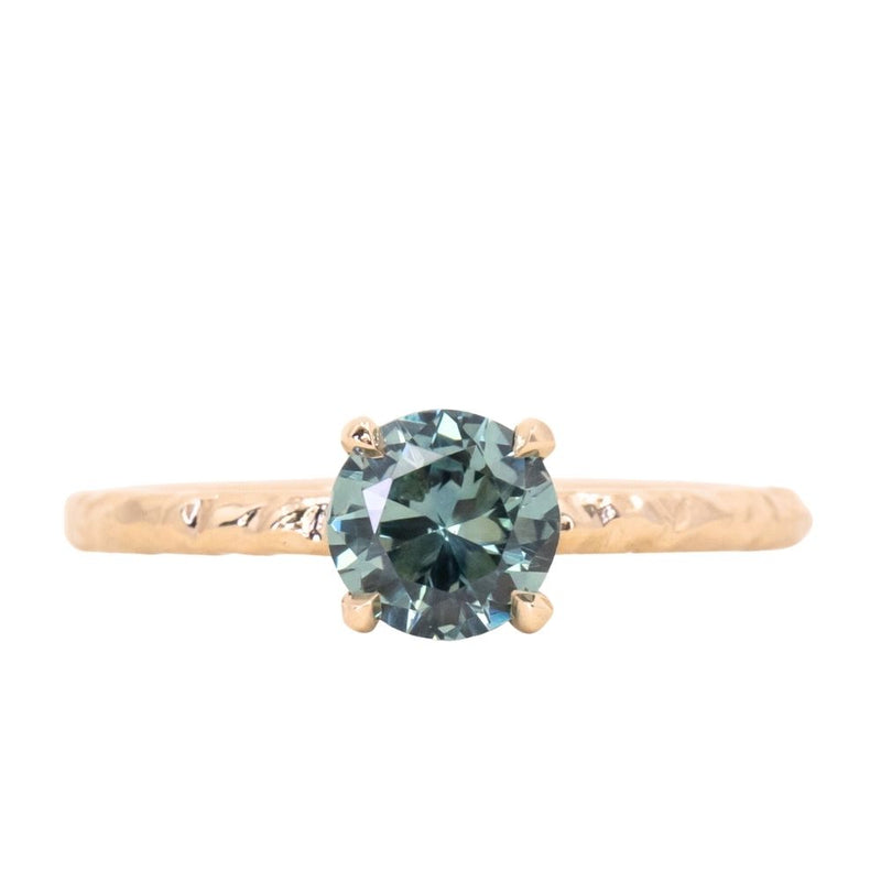 0.95ct Round Montana Sapphire Evergreen Carved Solitaire Ring in 14k Yellow Gold